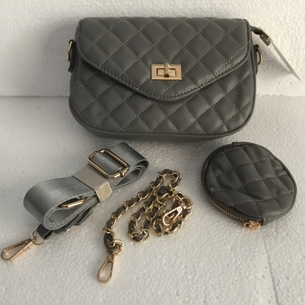 Quilted Vegan Leather Bag w/ Matching Coin Purse and Multiple Straps